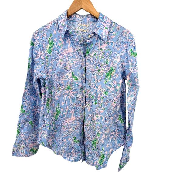 Lilly Pulitzer 100% Linen Button Down Shirt Women’s Small Blue Pink Green Floral - Picture 1 of 5